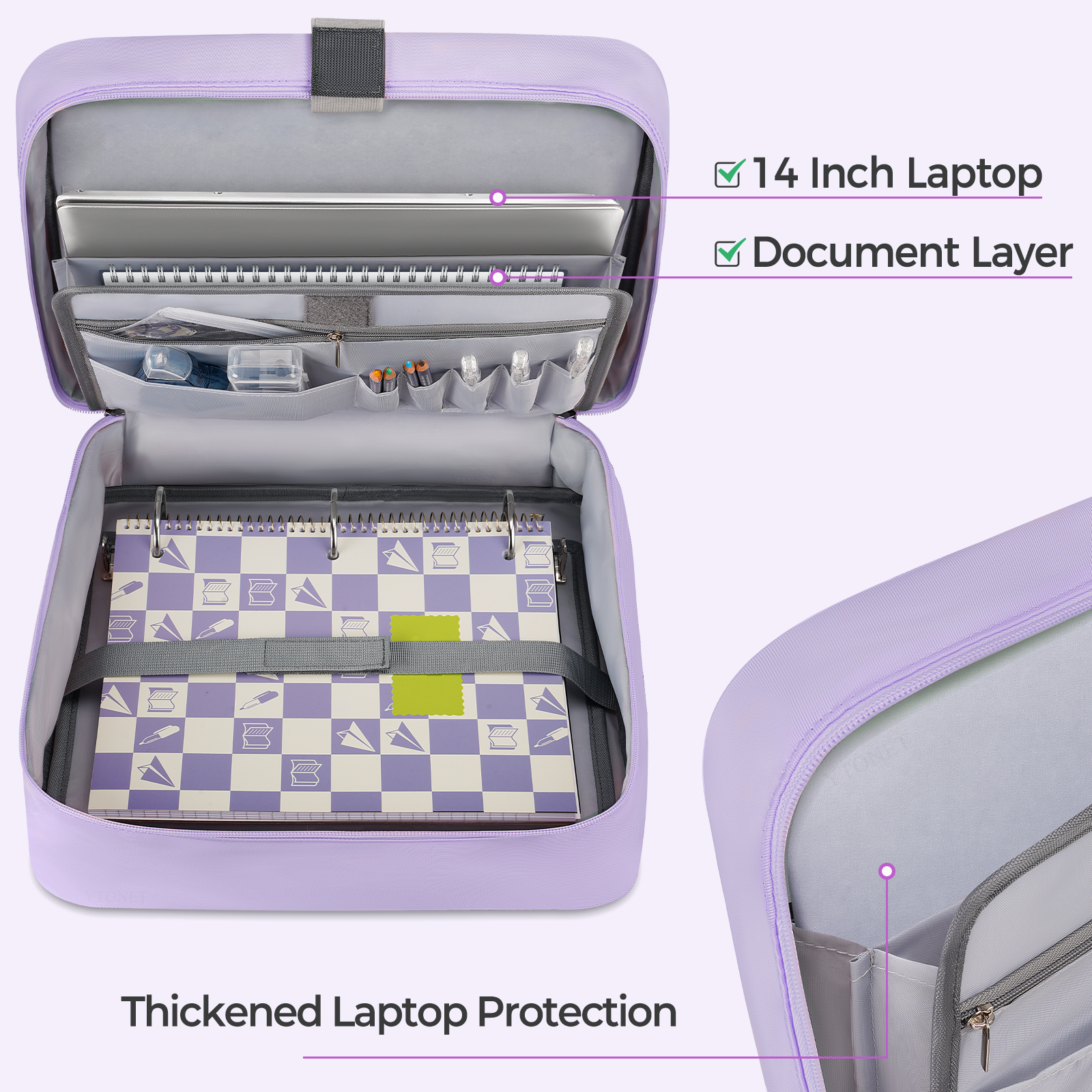 Ytonet Zipper Binder Bag, 2 Inch 3 Ring Binder with Zipper Fit 14 Inch Laptop, 500 Sheets Capacity Zippered Binders with Shoulder Strap & Removable O-Ring Pad for College, Office, Work, Purple - Image 4