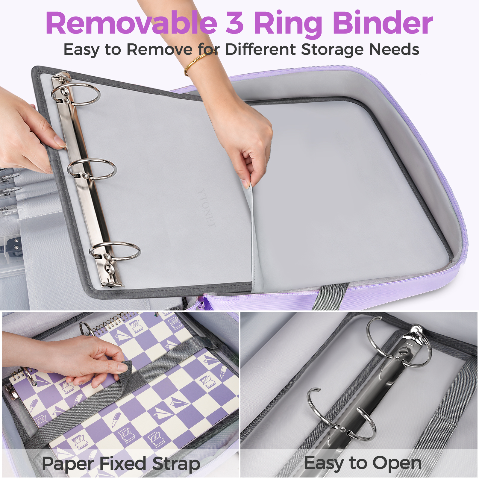 Ytonet Zipper Binder Bag, 2 Inch 3 Ring Binder with Zipper Fit 14 Inch Laptop, 500 Sheets Capacity Zippered Binders with Shoulder Strap & Removable O-Ring Pad for College, Office, Work, Purple - Image 6